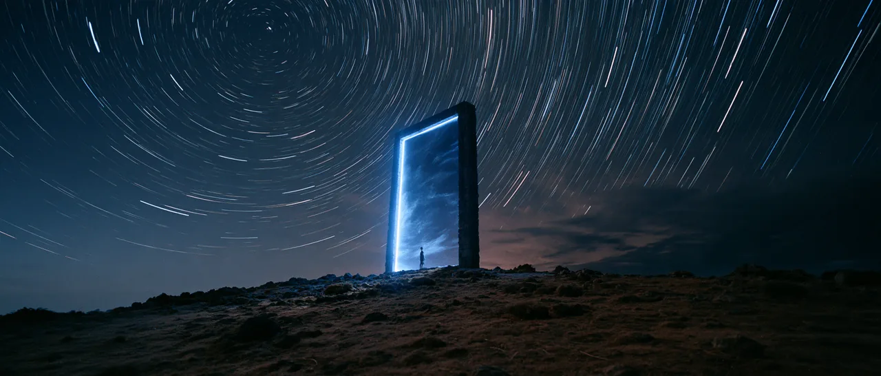 A luminous doorway beneath a sky of star trails